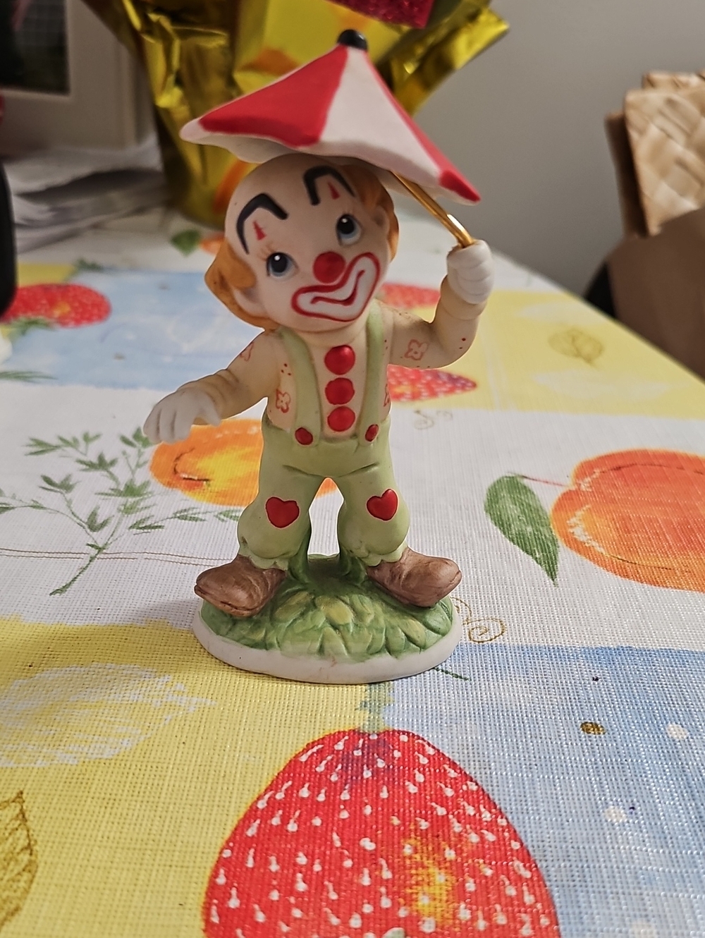 Vintage Lefton Hand-Painted Clown Figurine with Red and White Unbrella